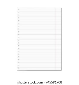 Blank realistic vector lined school notebook paper sheet with red margins and shadow. Copybook or exercise book clear ruled page with holes for spiral binder, mockup for your text