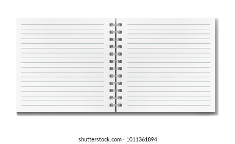 Blank realistic vector open lined square notebook with shadow template. Notepad with blank opened ruled page on metallic spiral, textbook or organizer mockup for your text