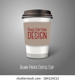 Blank realistic vector paper coffee cup "Coffee to go" with cardboard handle, isolated on grey background. With place for your design and branding.