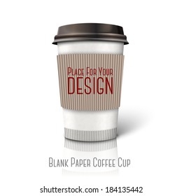 Blank realistic vector paper coffee cup "Coffee to go" with cardboard handle, isolated on white background with reflection. With place for your design and branding.