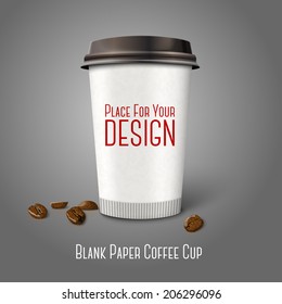 Blank realistic vector paper coffee cup "Coffee to go" with coffee beans, isolated on grey background. With place for your design and branding