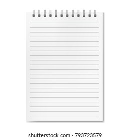 Blank realistic vector vertical lined notebook with shadow template. Notepad with blank opened ruled page on metallic spiral, textbook or organizer mockup for your text