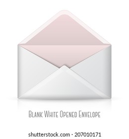Blank realistic vector white opened envelope. Isolated on white background with reflection for design and branding.