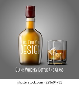 Blank realistic whiskey bottle with glass of whiskey and ice, isolated on grey background with place for your design and branding. Vector