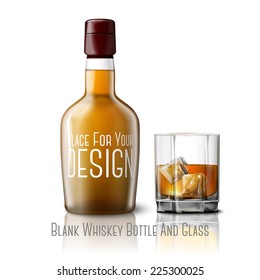 Blank realistic whiskey bottle with glass of whiskey and ice, isolated on grey background with place for your design and branding. Vector