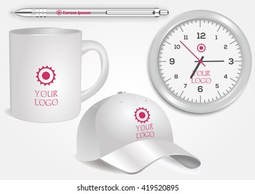 Blank realistic white cup, baseball cap, clock and white pen isolated on white vector. Display Mock up for corporate identity and promotion objects.