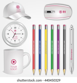 Blank realistic white cup, clock, pencils, computer mouse and baseball cap isolated on white vector. Display Mock up for corporate identity and promotion objects