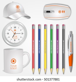 Blank realistic white cup, clock, pen, pencils, computer mouse and baseball cap isolated on white vector. Display Mock up for corporate identity and promotion objects