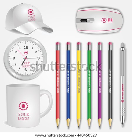 Blank realistic white cup, clock, pencils, computer mouse and baseball cap isolated on white vector. Display Mock up for corporate identity and promotion objects
