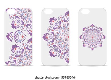 Blank realistic white smart phone mock up, back view. Vector template of phone case on isolated background with mandala flower pattern.