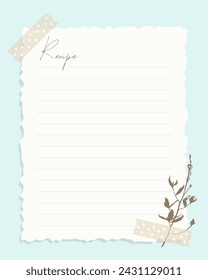 Blank recipe card is presented with cursive lettering at the top, lined space for writing below, and a subtle floral element in the corner, all set against a soft pastel background with a decorative