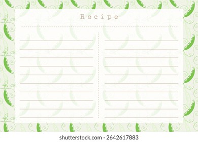 Blank recipe card template with green pea pod pattern background.