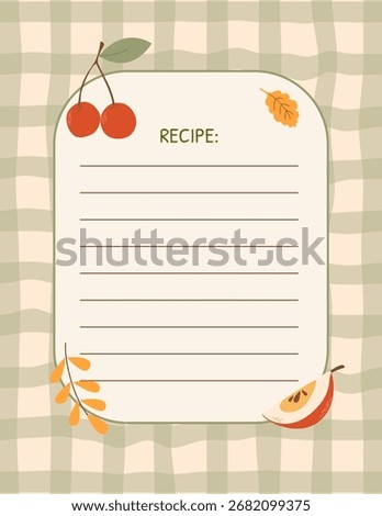 Blank recipe form. Cookbook page. Cute vertical template with frame for recipes. Copy space