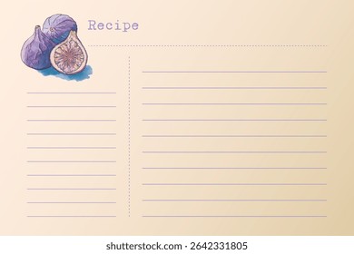 Blank Recipe note sheet with hand painted watercolor illustration of Fig fruits. Vintage old paper style.