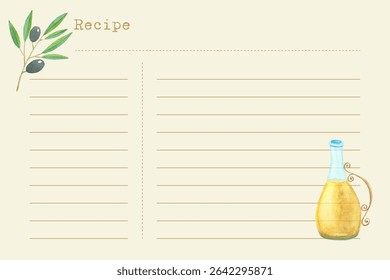 Blank Recipe notepad with hand painted watercolor illustration of olive branch and olive oil bottle. Vintage old paper style.