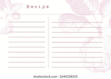 Blank recipe sheet with hand drawn illustration Apple on branch with leaves. Monochrome Graphic style. Vintage paper style.