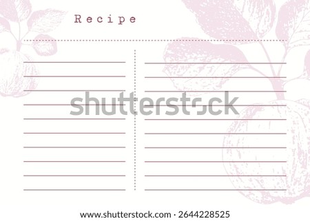 Blank recipe sheet with hand drawn illustration Apple on branch with leaves. Monochrome Graphic style. Vintage paper style.