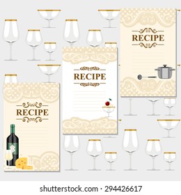 Blank for a recipe (wine list) on the background of glasses for alcoholic drinks.