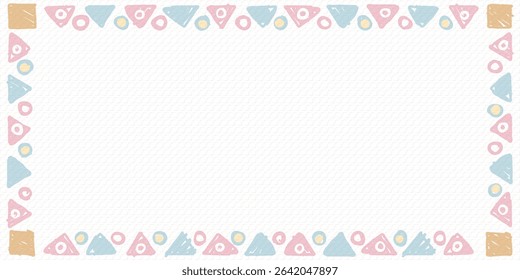 Blank rectangle frame consists of various pastel geometric shapes childish hand drawn style on bond paper texture background graphic illustration.