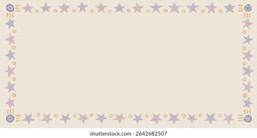 Blank rectangle frame consists of various pastel star and circle shapes childish hand drawn style on old bond paper texture background graphic illustration.