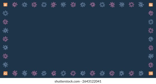 Blank rectangle frame consists of various pastel asterisk shapes childish hand drawn style on navy blue background graphic illustration.