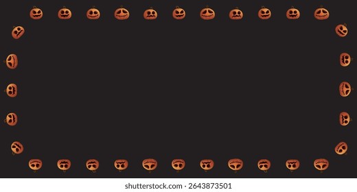 Blank rectangle frame consists of various Halloween pumpkin faces on black background graphic illustration.