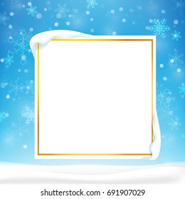 Blank rectangle frame with copy space and winter snow flake falling into snow floor  and lighting over blue abstract background for winter celebration and christmas 