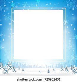 Blank rectangle frame with copy space and winter snow flake falling into snow floor  and lighting over blue abstract background for winter celebration and Christmas vector illustration