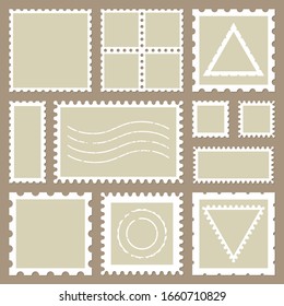 Blank rectangle and square postage stamps, with a shadow isolated on beige background. Empty template  paper mark symbol of delivery correspondence. Vector frame border