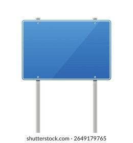 Um sinal branco, retangular azul com uma fina borda branca é suportado por dois polos de metal. O sinal é limpo e brilhante, refletindo a luz. Isolado no branco.
