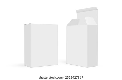 Maquetas de cajas rectangulares en blanco. Tapa Abierta Y Cerrada, Vista Lateral, Aislada Sobre Fondo Blanco. Ilustración vectorial