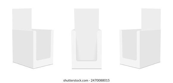 Blank Rectangular Counter Display Boxes Mockups, Front And Side View, Isolated On White Background. Vector Illustration