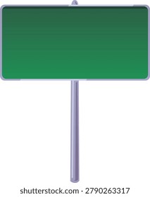 A blank rectangular green road sign on a gray metal pole. Suitable for kilometers, logos, or navigation arrows, as well as advertising banners. Road navigation, logistics. Vector. Flat cartoon style.