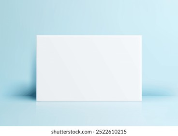Papel retangular em branco sobre uma superfície refletora contra uma parede azul clara. Ideal para mostrar designs criativos, papelaria ou apresentação de escritório em um estúdio minimalista e limpo
