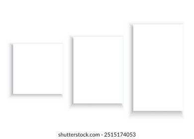 Blank rectangular paper set. Shadowed floating sheets. Simple white background. Minimal vector design.