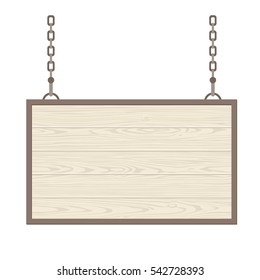 Blank rectangular wooden signboard hanging on metallic chain. Vector flat monochrome illustration isolated on white background. For poster, presentations