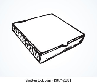 Blank recycle take away pie tray case mockup on white label space for text. Outline black ink hand drawn italian menu logo pictogram emblem badge frame design in retro art doodle style. Close up view