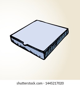 Blank recycle take away pie tray case mockup on white label space for text. Outline black ink hand drawn italian menu logo pictogram emblem badge frame design in retro art doodle style. Close up view