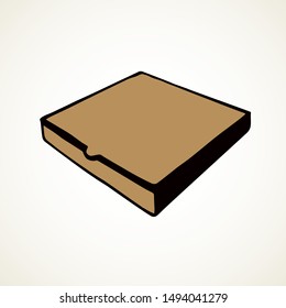 Blank recycle take away pie tray case mockup on white label space for text. Outline black ink hand drawn italian menu logo pictogram emblem badge frame design in retro art doodle style. Close up view