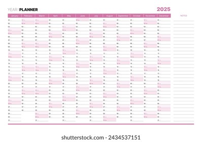 Blank red 2025 year year planner, wall calendar for monthly and daily agenda. Schedule page journal, stationery calendar, organizer, planner template with twelve months vector illustration