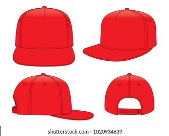 Blank Red 5-Panel Hip Hop Cap with Adjustable Snap Back Strap Closure Template on White Background, Vector File.