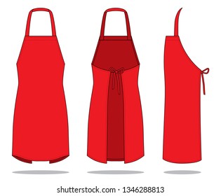 Blank Red Apron Template on White Background.Front, Back and Side View, Vector File