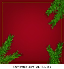 blank red background with gold square frame and green pine branches for festive holiday backdrop and website banner or graphic design decoration 