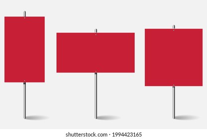 Blank Red Banner Mockup Set On Metal Stick. Protest Poster, Advertisement With Metal Holder. Protest Sign Isolated On White