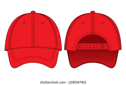 Blank red baseball cap with adjustable snap back closure strap template on white background.Front and back view, vector file