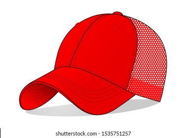 Blank Red Baseball Cap With Mesh Back Template On White Background.