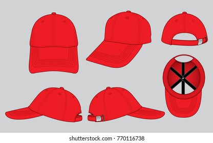 Blank red baseball cap with metal buckle strap back template on gray background, vector file.
