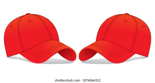 Blank Red Baseball Cap Template On White Background, Perspective View.