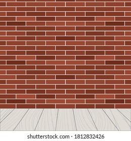 Blank red brick wall indoor with wooden floor. Empty room vector illustration.
