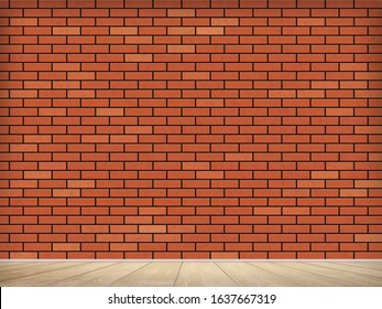 Blank red brick wall indoors with wooden floor. Vector background.